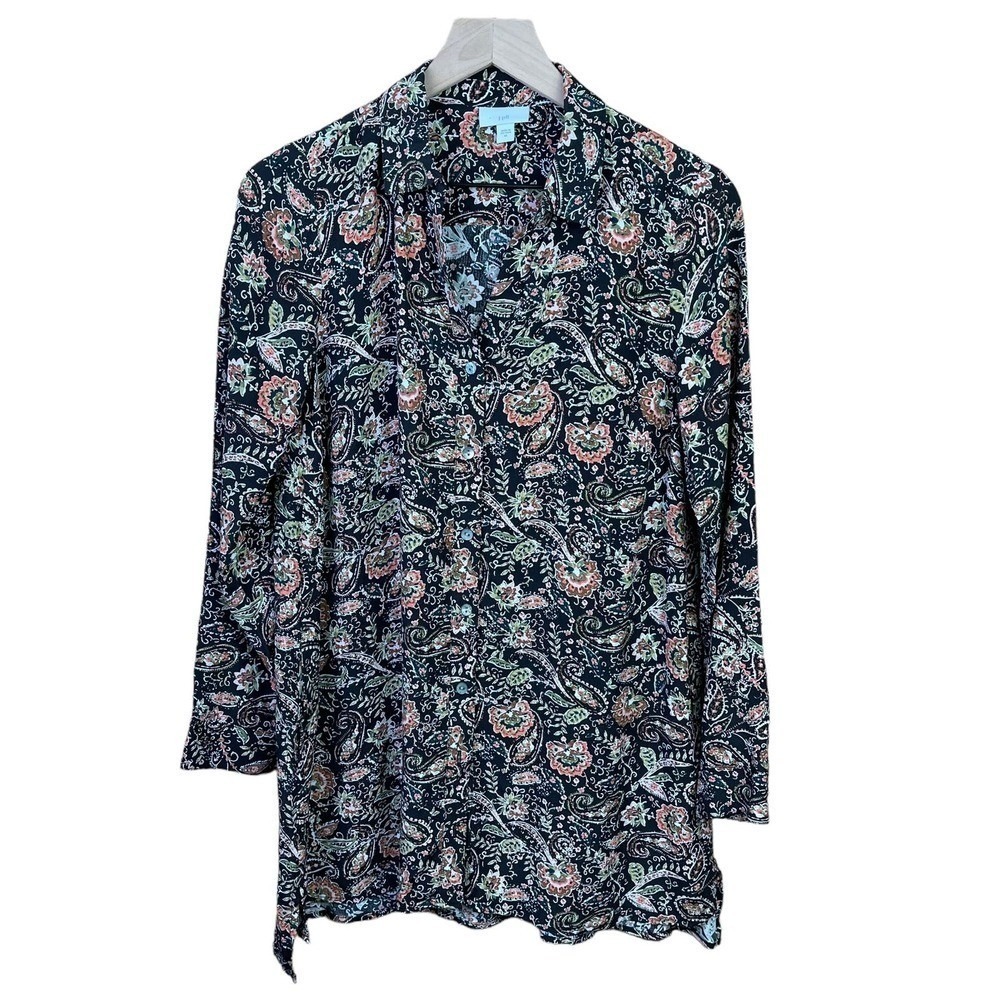 J. Jill Paisley Floral Button Down Tunic Shirt Black Boho Cottagecore XS